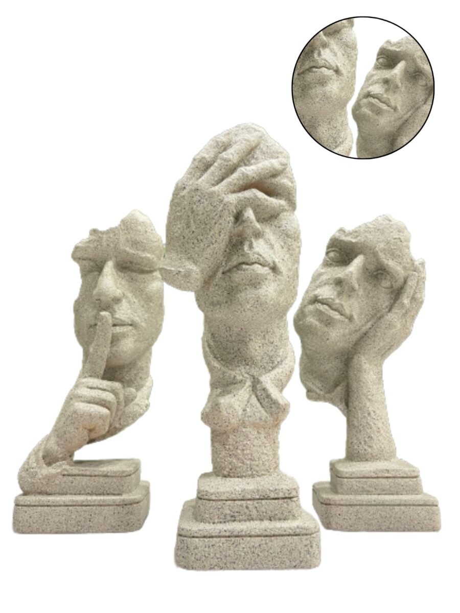 Esculturas Trio de Sábios Cego, Surdo e Mudo Bege 49 cm As Esculturas Trio de Sábios, com 49 cm de altura, representam simbolicamente a filosofia "não ver, não ouvir, não falar". Com um acabamento em bege, essas peças trazem um toque elegante e acolhedor a qualquer ambiente. Ideal para salas de estar ou escritórios, elas não apenas decoram, mas também convidam à reflexão sobre comunicação e percepção, tornando-se um destaque significativo em sua decoração.